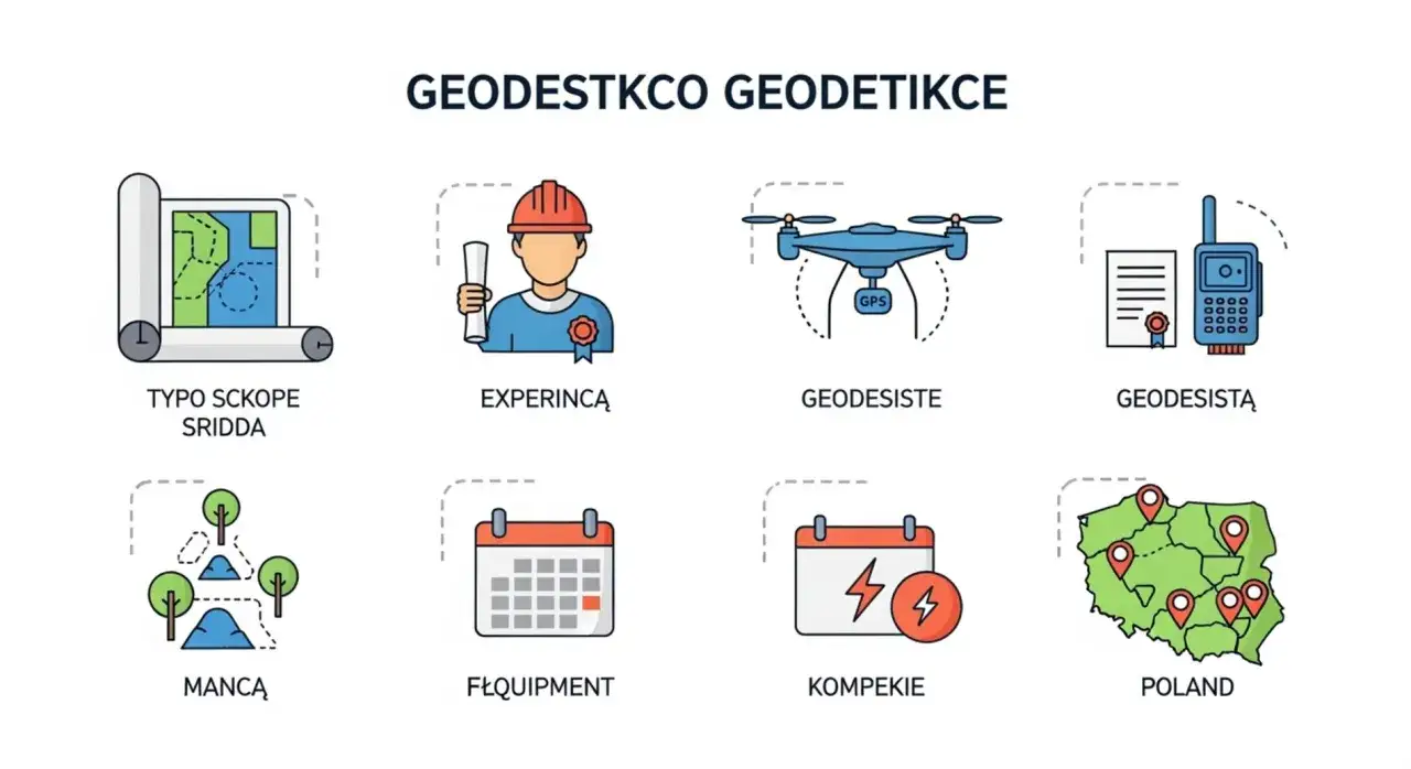 Ikony: mapa, geodeta, dron, urządzenie GPS, teren, kalendarz, Polska.