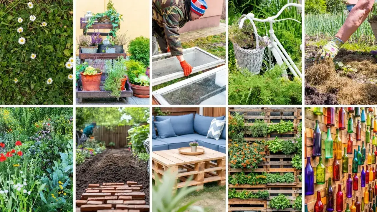 Tani pomysł na ogród: kwiaty, zioła w doniczkach, meble z palet, pionowe ogrody i dekoracje z butelek.