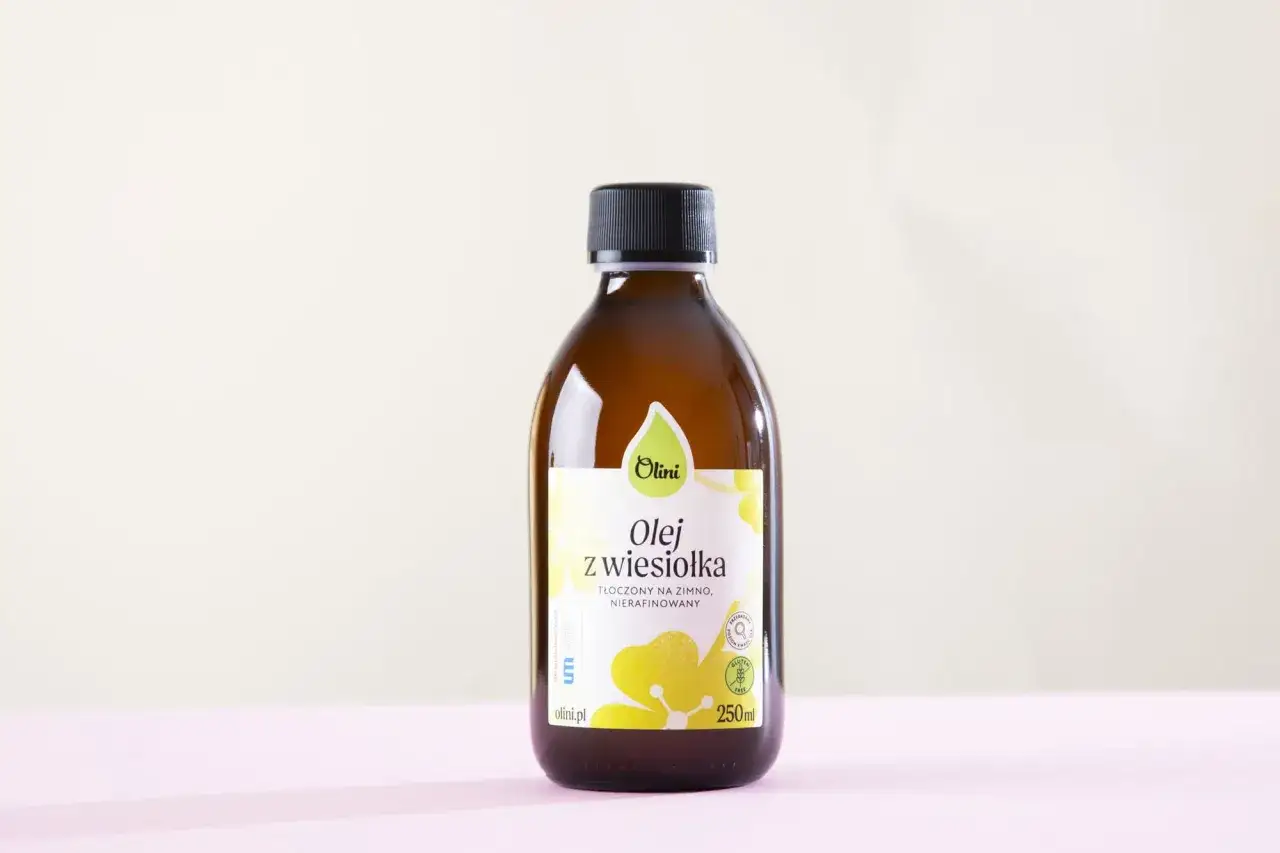 Olej z wiesiołka Olini, tłoczony na zimno, nierafinowany. Wspiera zdrowie skóry i łagodzi objawy PMS. 250 ml.