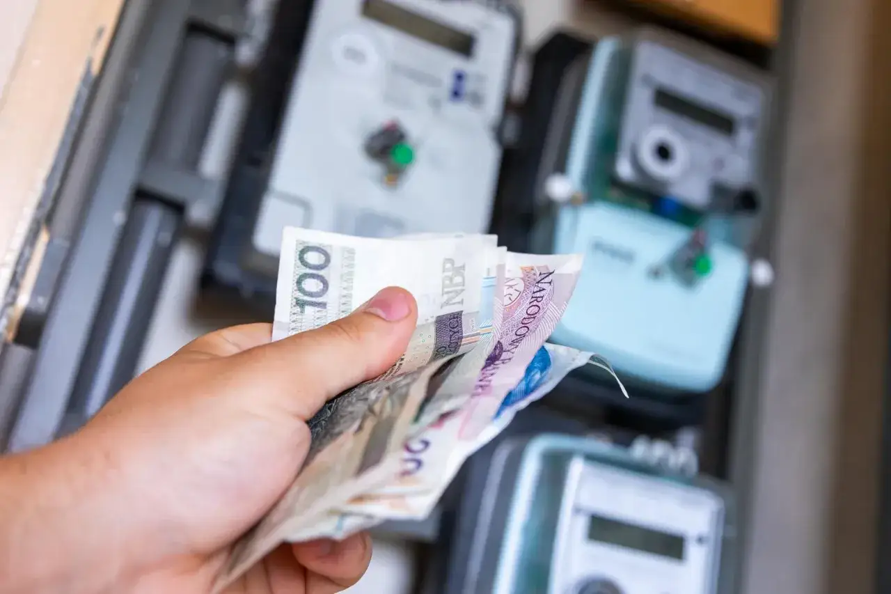 Ręka trzyma polskie banknoty przed licznikami energii. Zastanawiasz się, jak zmienić dostawcę prądu, by oszczędzić?