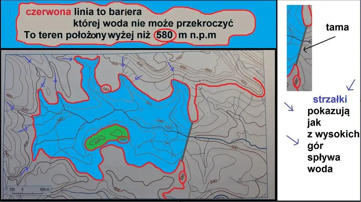 Mapa przedstawia teren na którym zostanie wybudowana elektrownia wodna - szczegóły i zmiany w krajobrazie