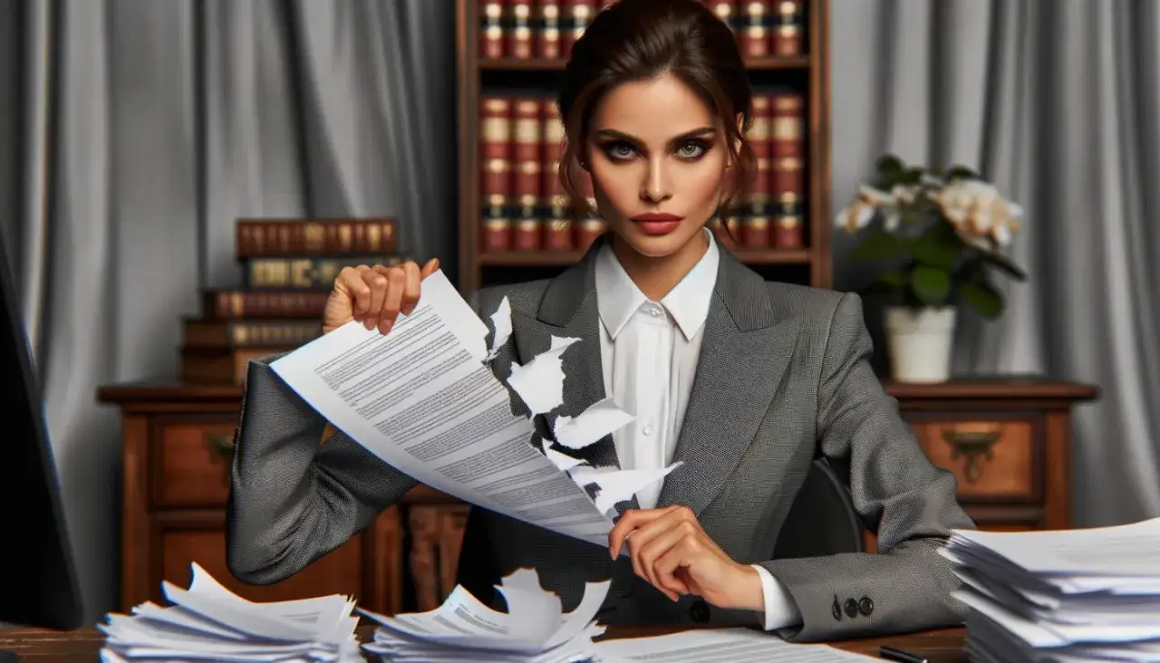 Kobieta w garniturze rozdziera dokument, symbolizując decyzję o tym, jak wycofać pozew z sądu.