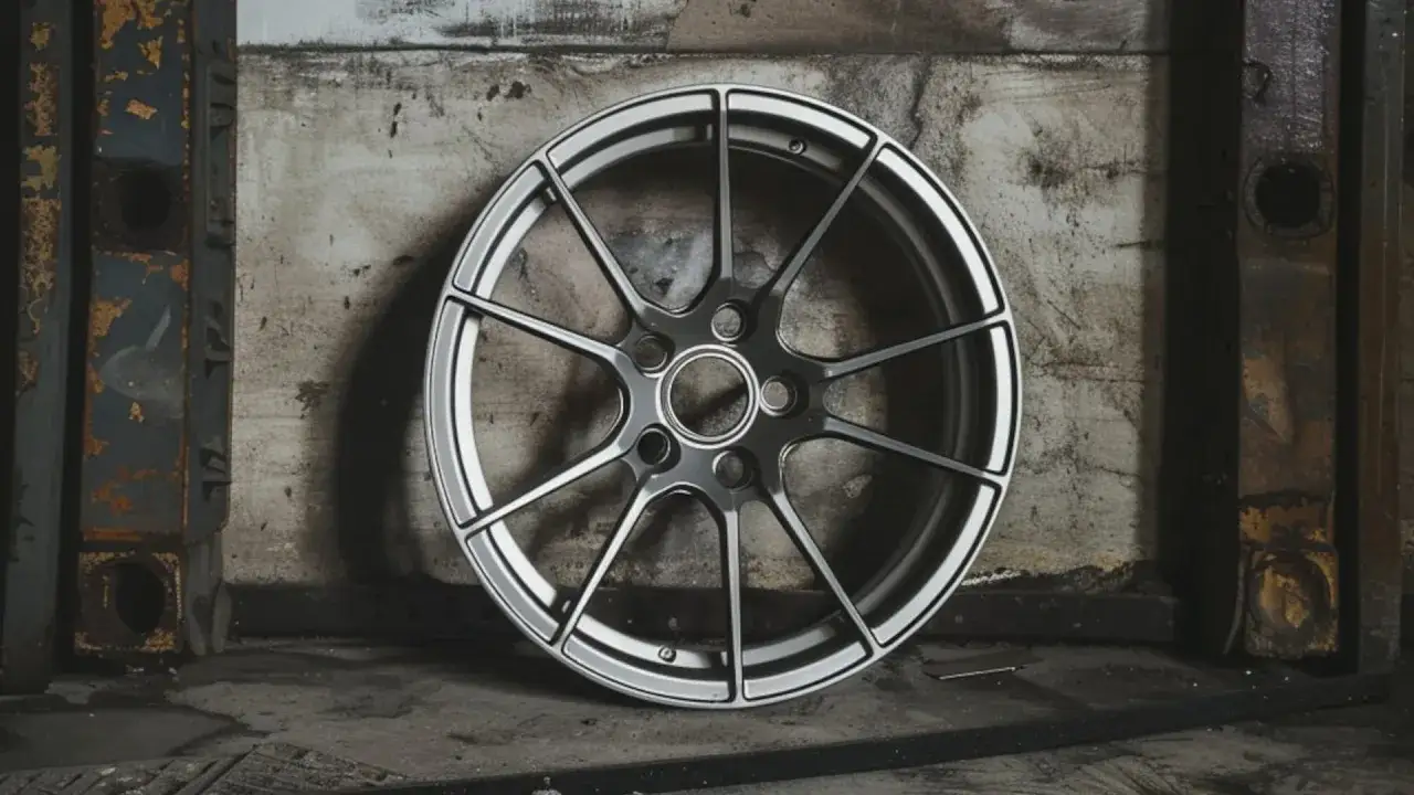 Felga aluminiowa z wieloma ramionami na tle industrialnym.