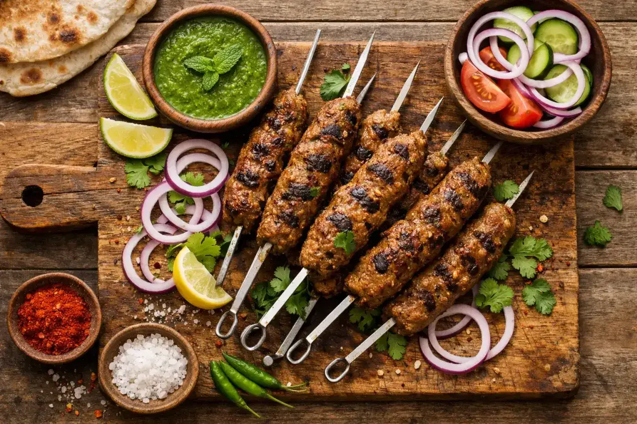 Grillowane kebaby na patykach z dodatkami: zielony sos, sałatka, cytryna, cebula, chili, sól i przyprawy.
