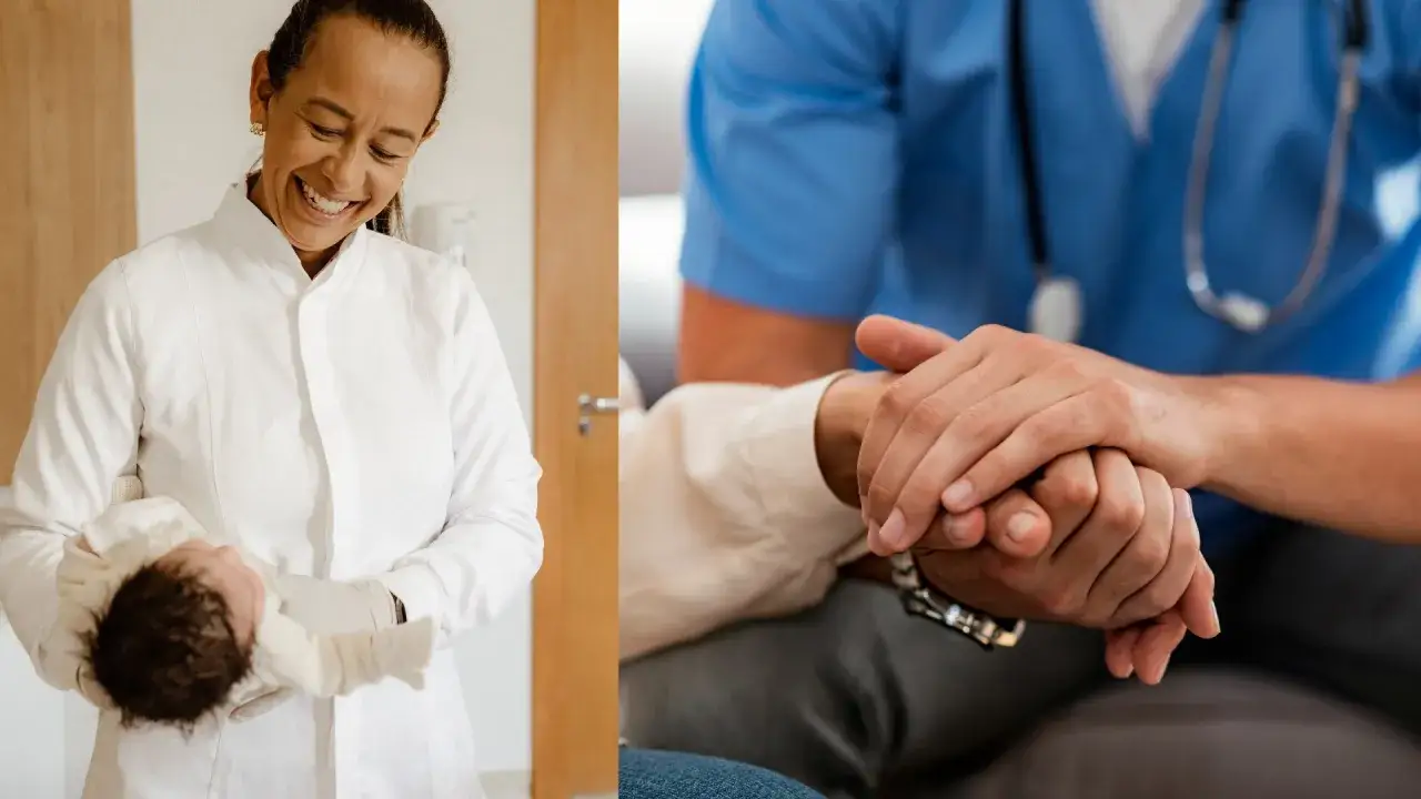 Uśmiechnięta pielęgniarka z noworodkiem i czuły gest dłoni. Pielęgniarka może podać pielęgniarka bez zlecenia lekarza wsparcie i troskę.