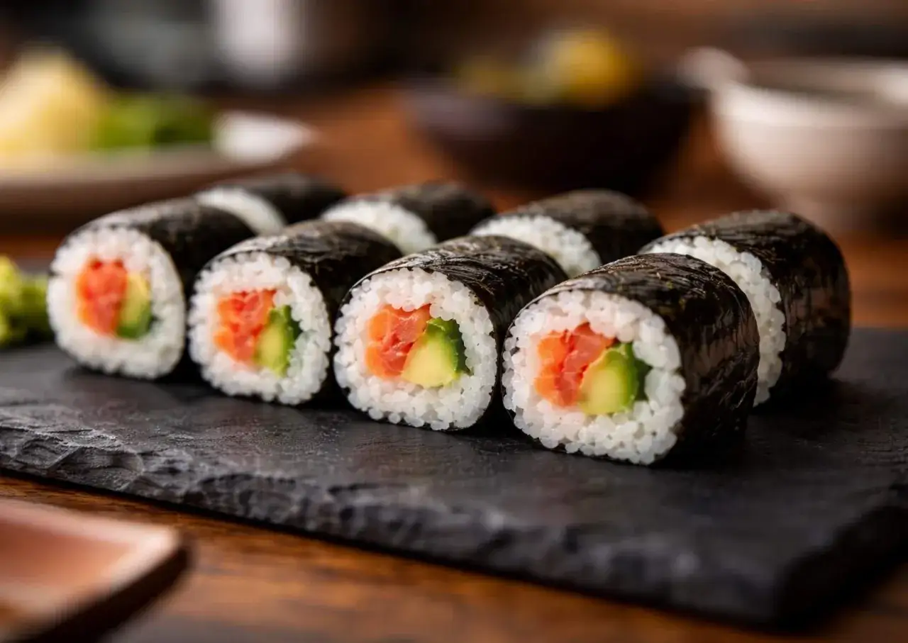 Roladki sushi z łososiem i awokado, zawinięte w nori. Zastanawiasz się, którą stroną nori do sushi? Zawsze błyszczącą na zewnątrz!