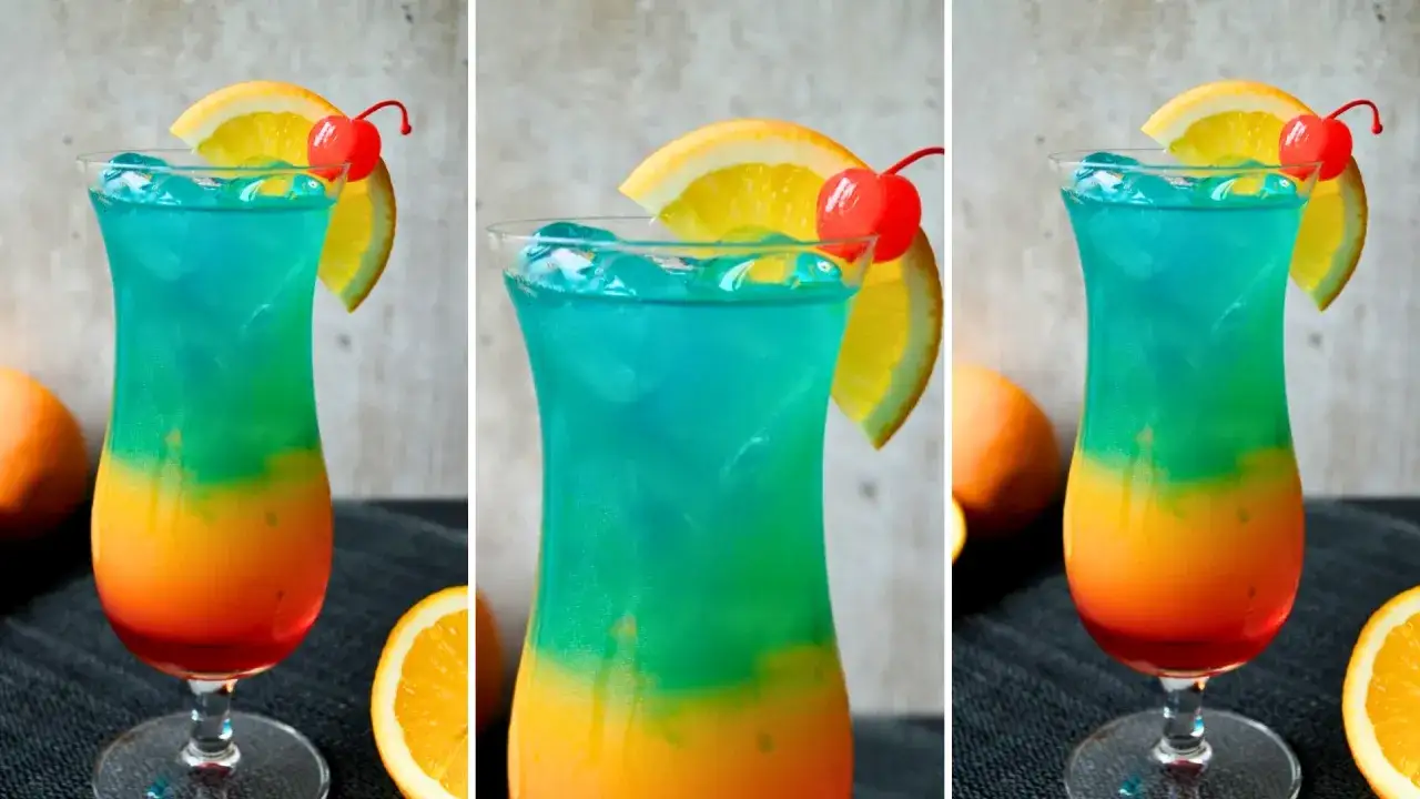 Kolorowy drink z warstwami pomarańczy i błękitu, ozdobiony plasterkiem pomarańczy i wiśnią. Idealny Malibu przepis na lato.