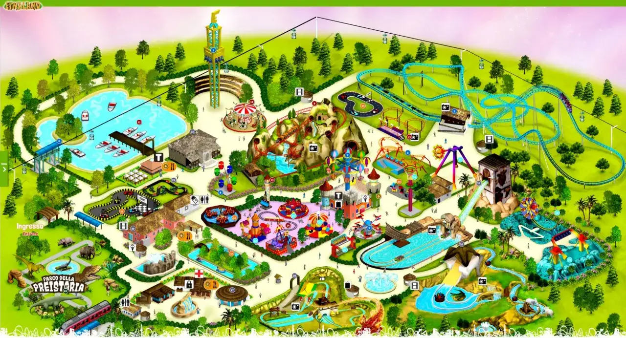 Isometric map of Etnaland theme park, showing rides, attractions, and themed areas like Prehistoria.