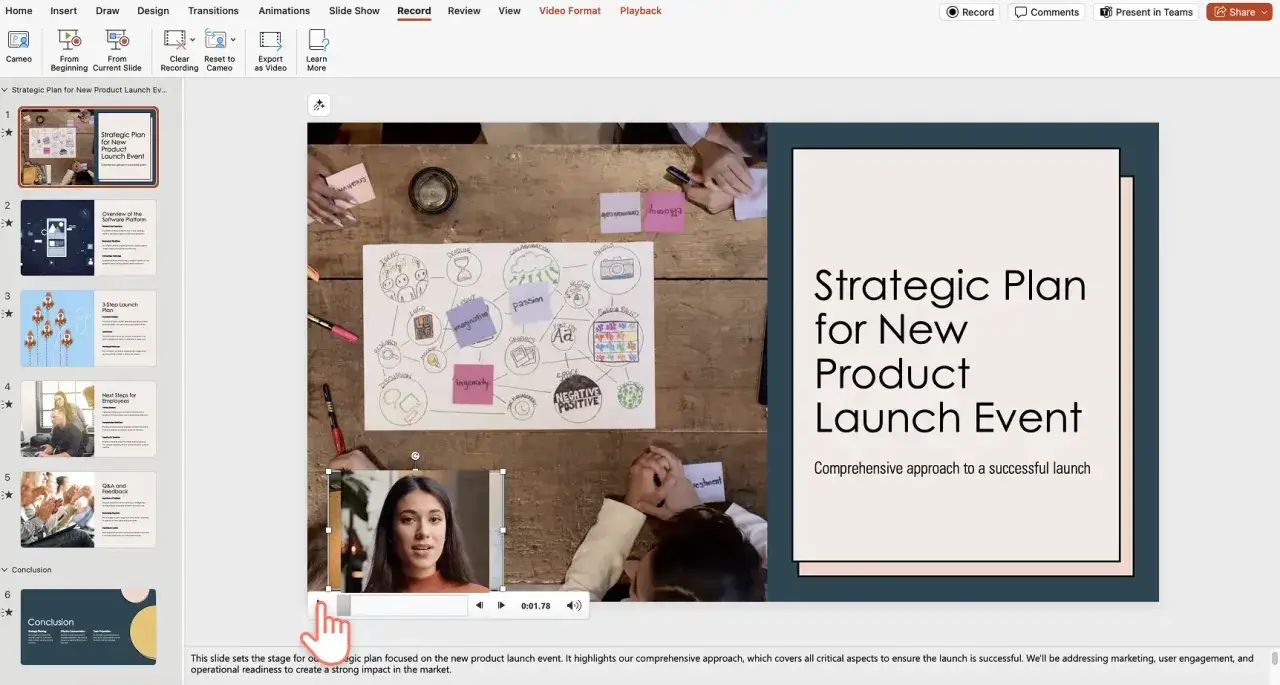 Miniatura prezentacji PowerPoint z widokiem slajdów po lewej i podglądem slajdu z tekstem "Strategic Plan for New Product Launch Event" po prawej.