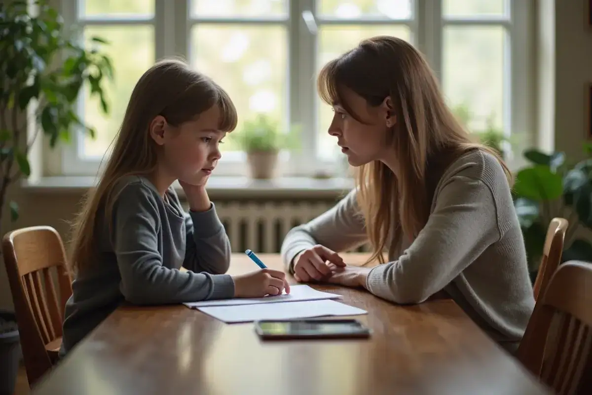 Dziewczynka pisze, a kobieta uważnie jej słucha. Tak wygląda nauczanie indywidualne, pełne skupienia i wsparcia.