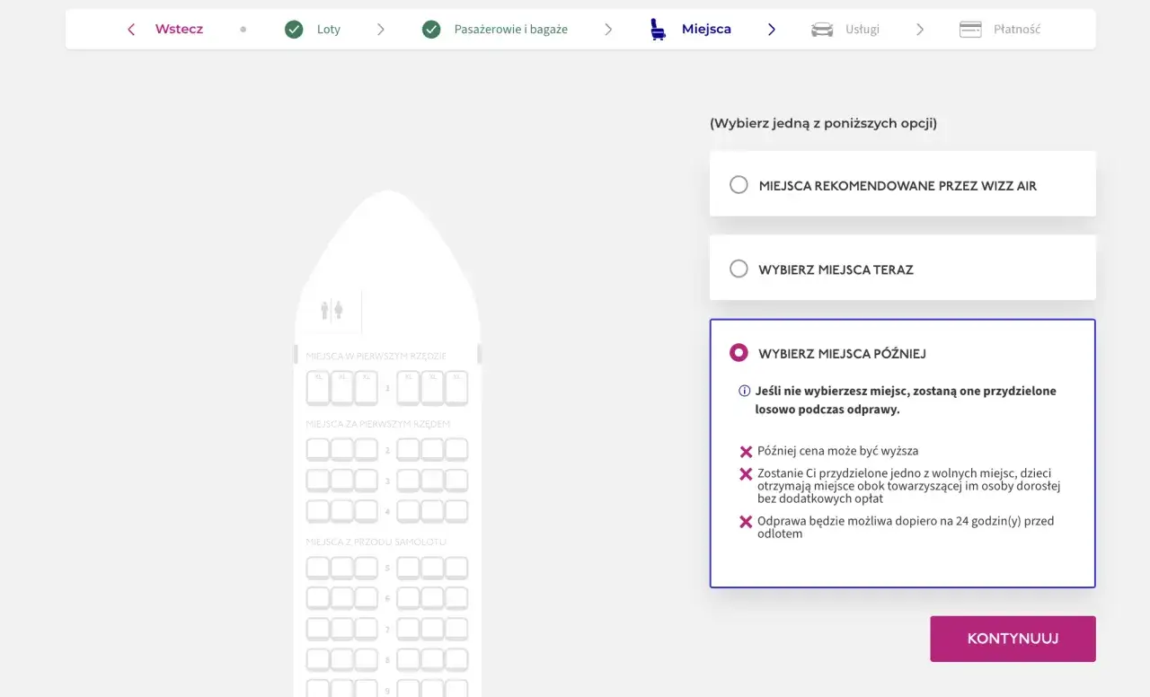 Schemat miejsc w samolocie Wizz Air z opcjami wyboru.