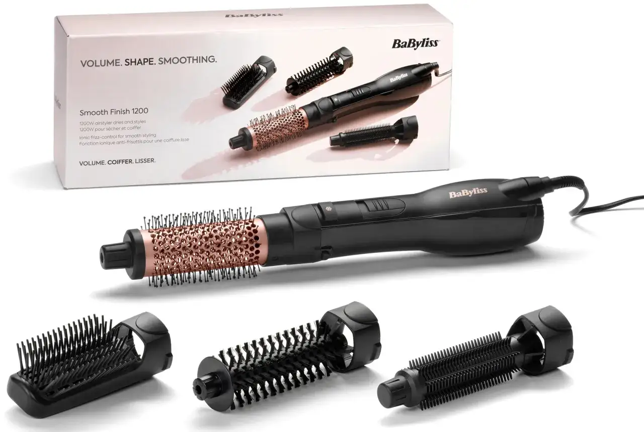 Suszarko-lokówka BaByliss Smooth Finish 1200 z kilkoma końcówkami i opakowaniem.