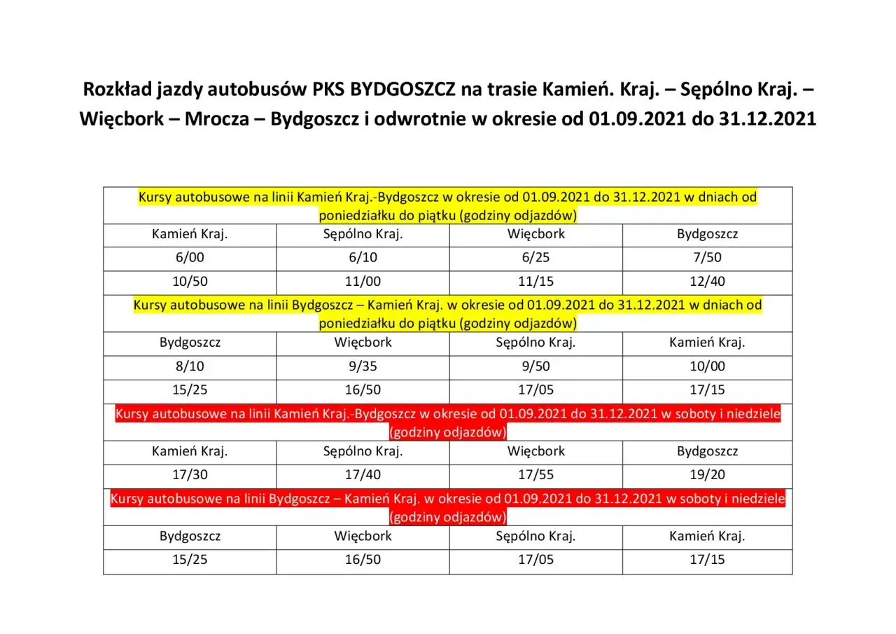 Rozkład jazdy autobusów PKS z tabelami godzin odjazdów na trasie Kamień Kraj.-Bydgoszcz i odwrotnie.