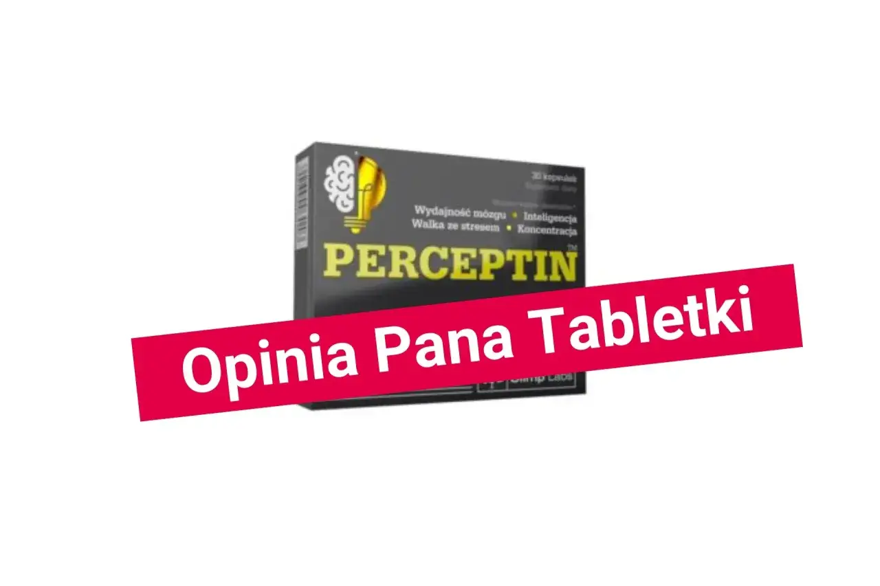 Opakowanie suplementu Perceptin, który ma poprawić co na pamięć, koncentrację i inteligencję. Czerwony pasek z napisem "Opinia Pana Tabletki".