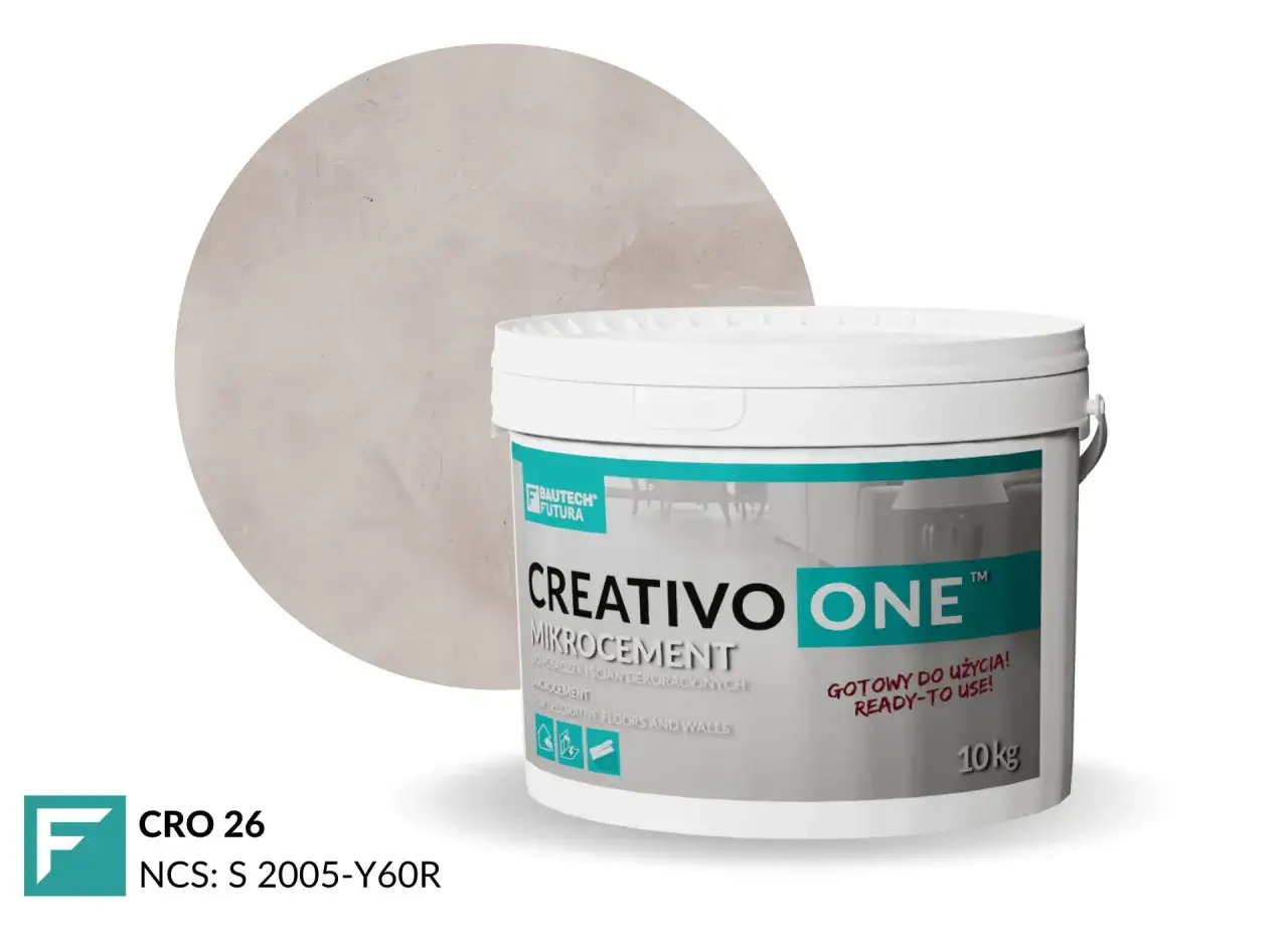 Kreatywny mikrocement w wiaderku 10kg. Sprawdź atrakcyjną mikrocement cena za m2 dla koloru CRO 26.