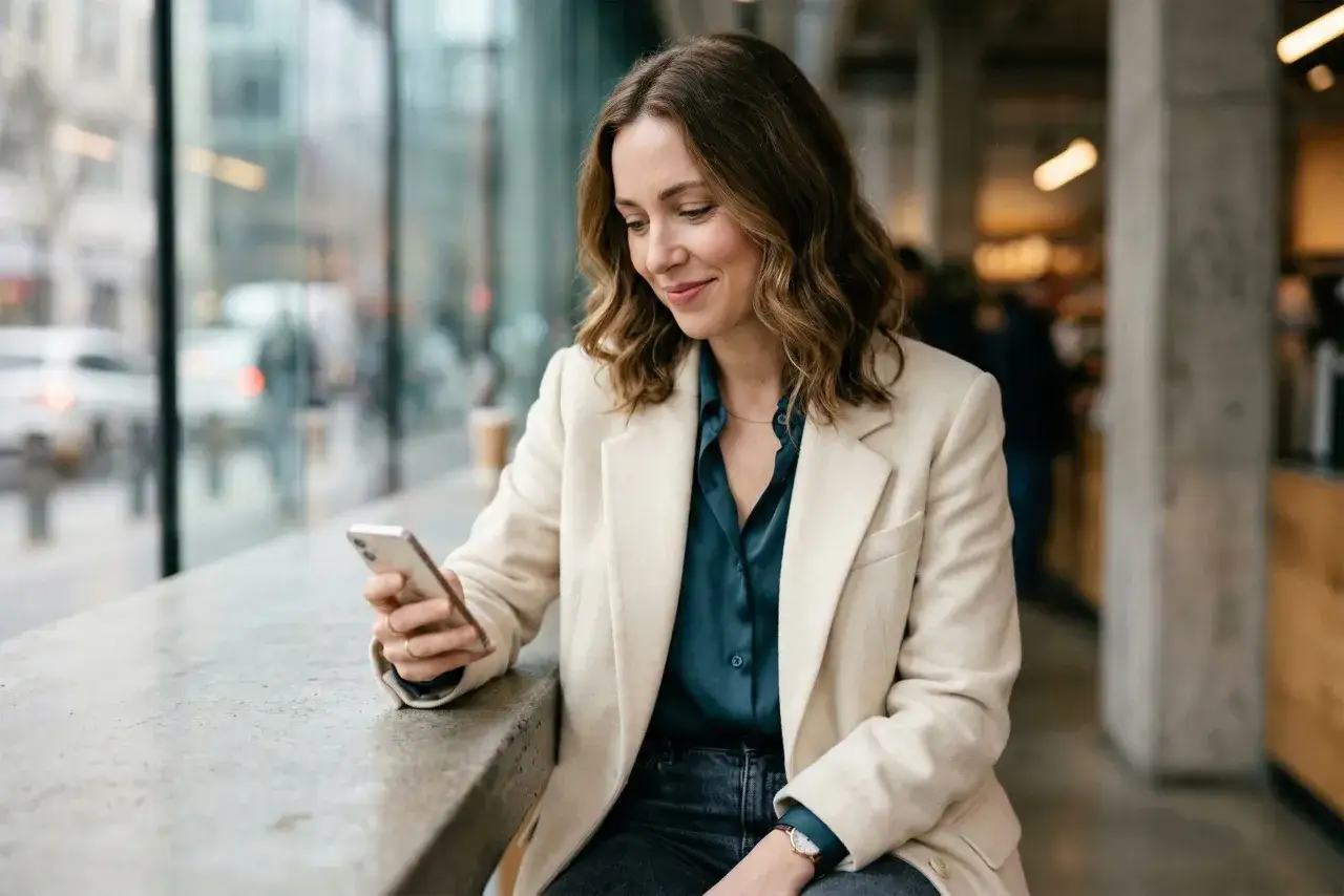 Uśmiechnięta kobieta z telefonem w dłoni, szukająca inspiracji, jak zagadać na Tinderze. Przykłady mogą być w jej myślach.