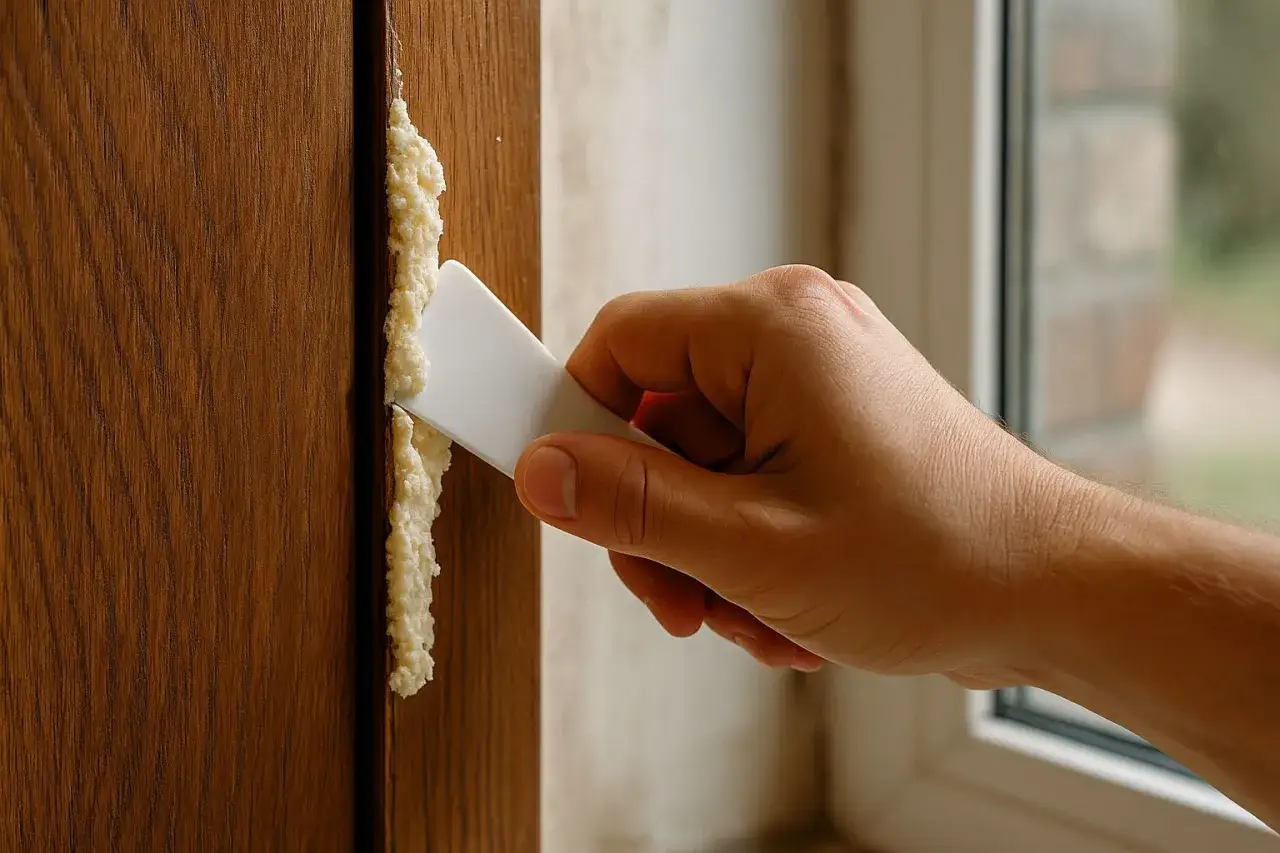 Dłoń zeskrobuje piankę montażową z drewnianych drzwi białą szpachelką.