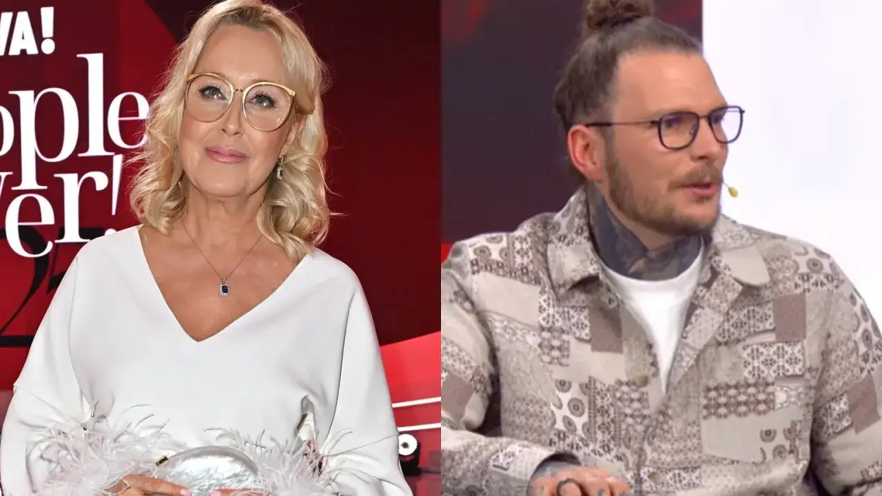 Polskie gwiazdy: Kobieta w białej sukni i okularach oraz mężczyzna z tatuażami i kitką na głowie.