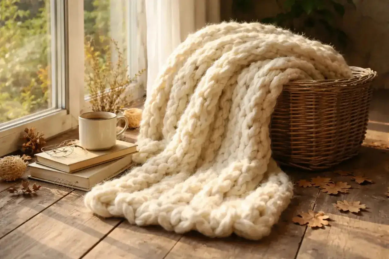 Ciepły koc wykonany techniką arm knitting, leżący obok koszyka, książek i kubka kawy przy oknie.