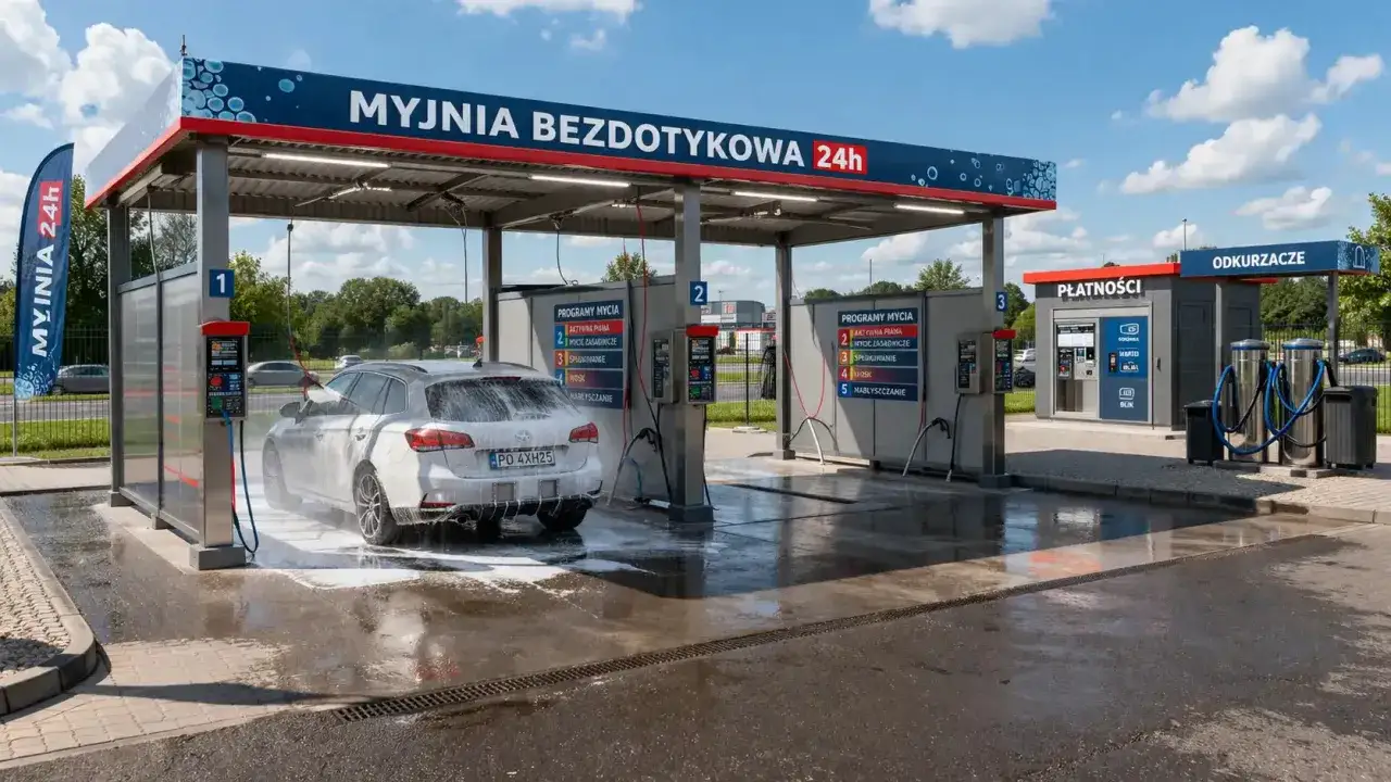 Samochód myty na myjni bezdotykowej 24h. Widać stanowiska mycia i odkurzacze.