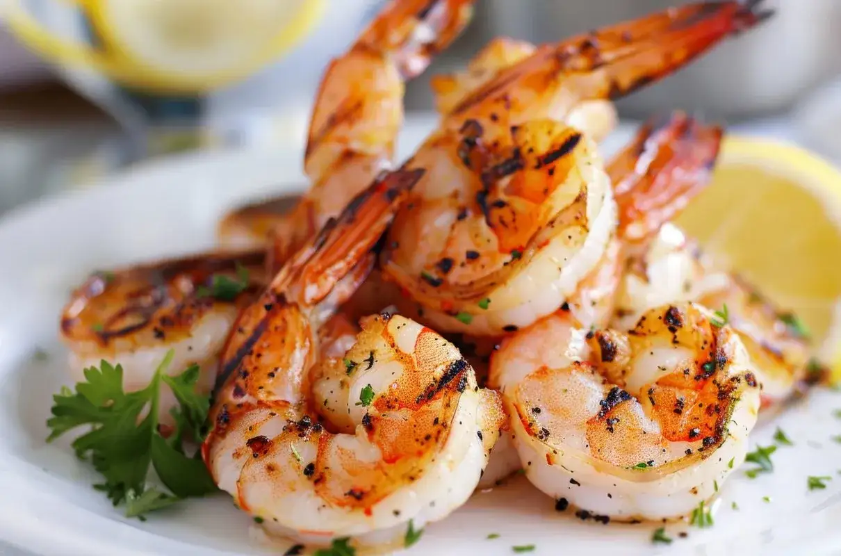 Jak zrobić dietetyczne krewetki: grillowane, soczyste krewetki z cytryną i natką pietruszki na talerzu.