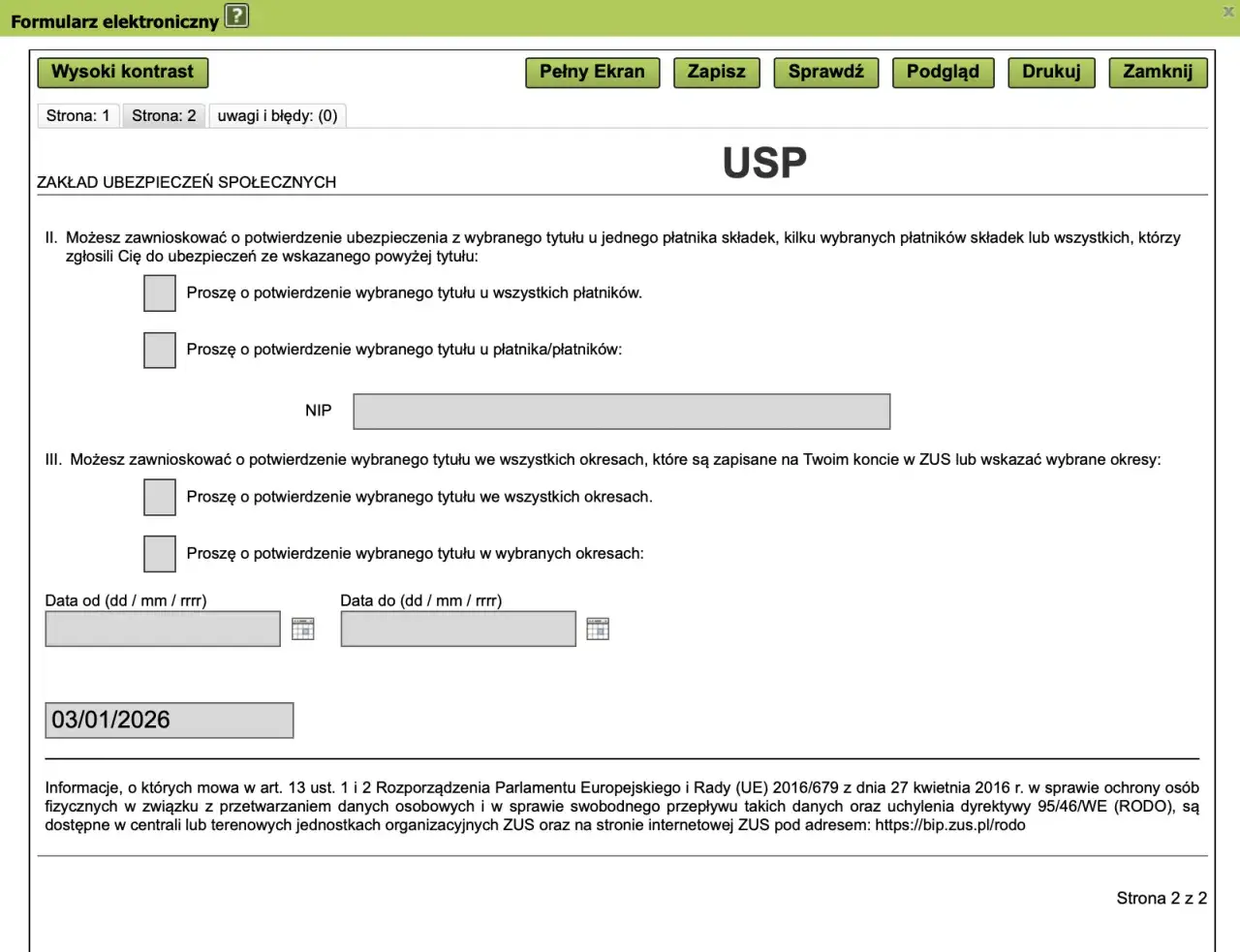 Formularz ZUS. Sekcja "Zakład Ubezpieczeń Społecznych" zawiera pytania o potwierdzenie ubezpieczenia, co może pomóc w odpowiedzi na pytanie "jak sprawdzić czy jestem zatrudniona".