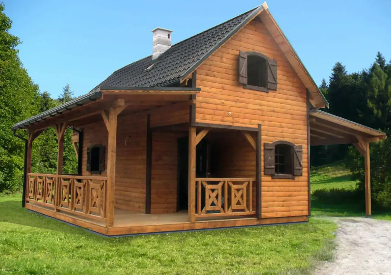 Drewniany domek letniskowy z werandą i zadaszeniem. Solidny, niski fundament pod domek letniskowy drewniany zapewnia stabilność.