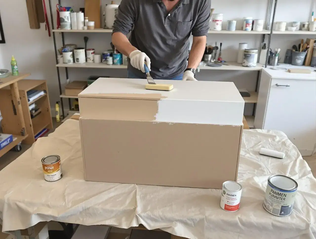 Mężczyzna w białych rękawiczkach maluje pędzlem mebel z MDF. Widać puszki z farbą i podkładem, co sugeruje, że można pomalować panele ścienne MDF.