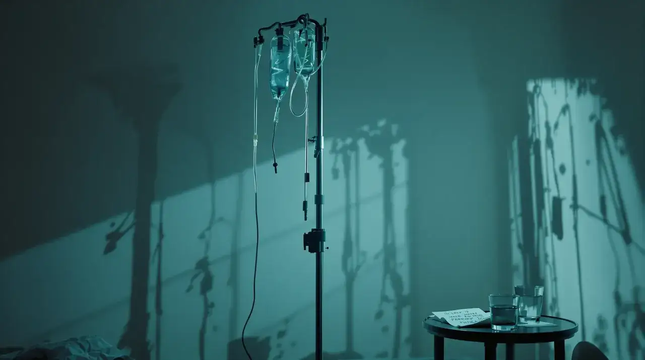 Szpitalne kroplówki i cienie na ścianie. Pytanie: urosepsa jak długo w szpitalu?