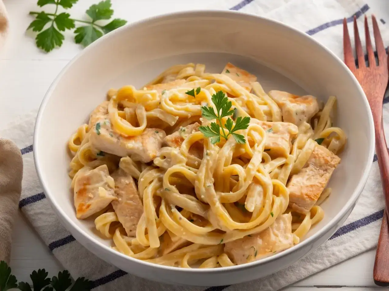 Kremowe fettuccine z kurczakiem, idealne do przygotowania według przepisu Fettuccine Alfredo. Danie ozdobione natką pietruszki.