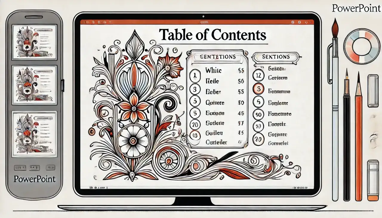 Komputer z prezentacją PowerPoint, telefon z miniaturkami slajdów i przybory do pisania.