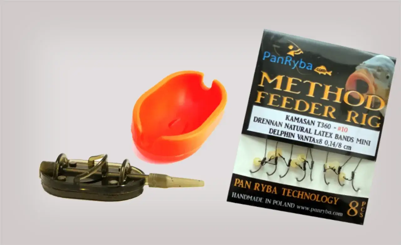 Akcesoria do metody feeder: podajnik, pomarańczowa foremka i przypony z haczykami od Pan Ryba.