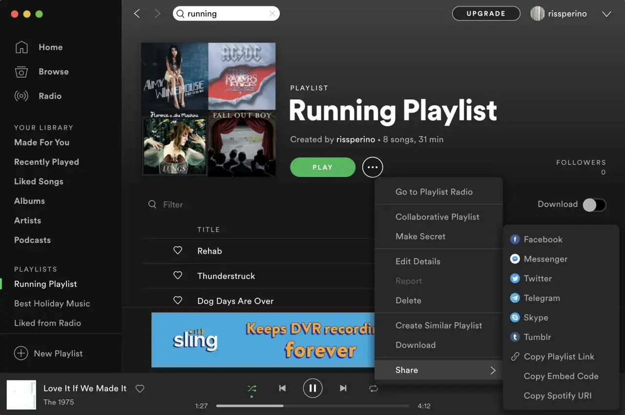 Ekran Spotify z playlistą "Running Playlist" i menu udostępniania.