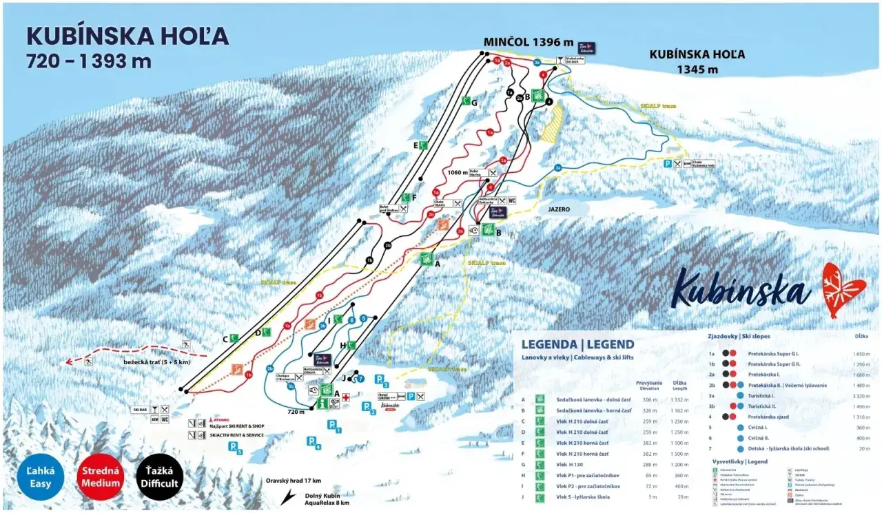 Mapa strediska Kubínska hoľa s vyznačenými zjazdovkami, lanovkami a vleklami.