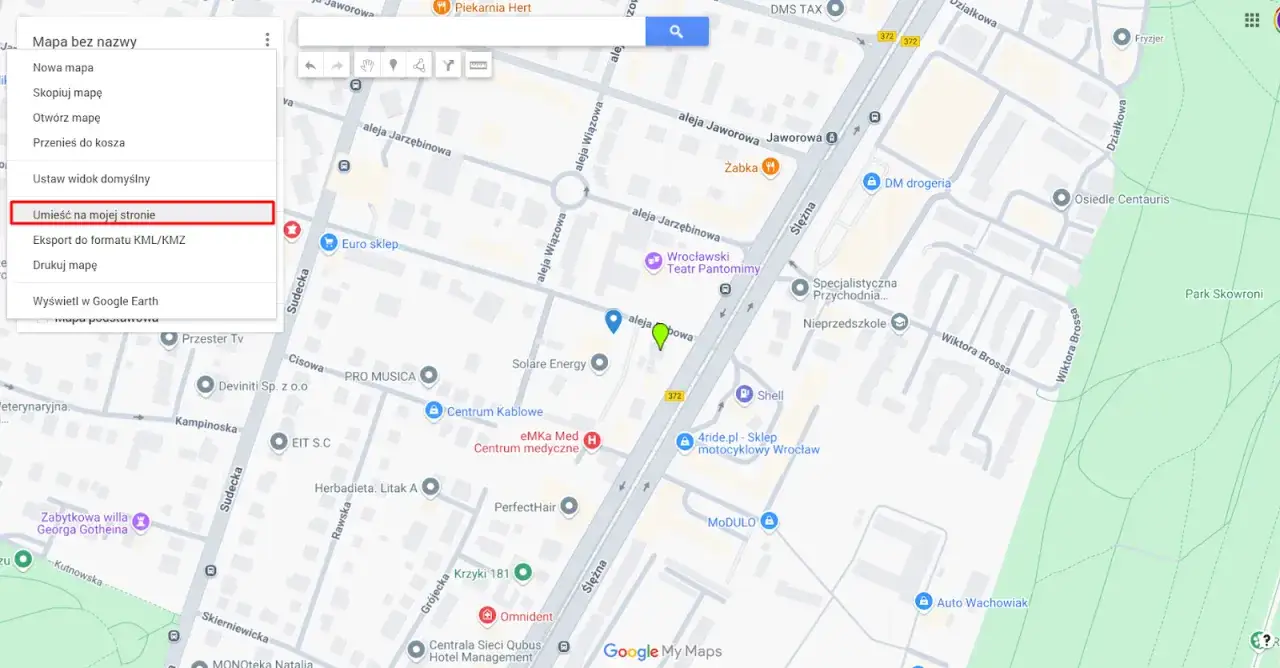 Menu Google Maps: "Umieść na mojej stronie" - instrukcja, jak umieścić mapę Google na swojej stronie.