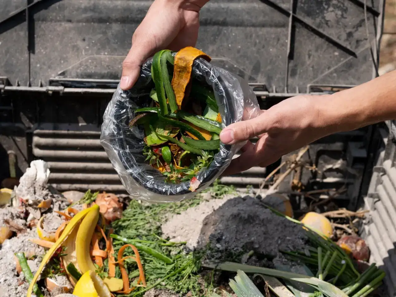 Ręce wsypują do kompostownika resztki roślinne, tworząc cenny nawóz organiczny z odpadów roślinnych.