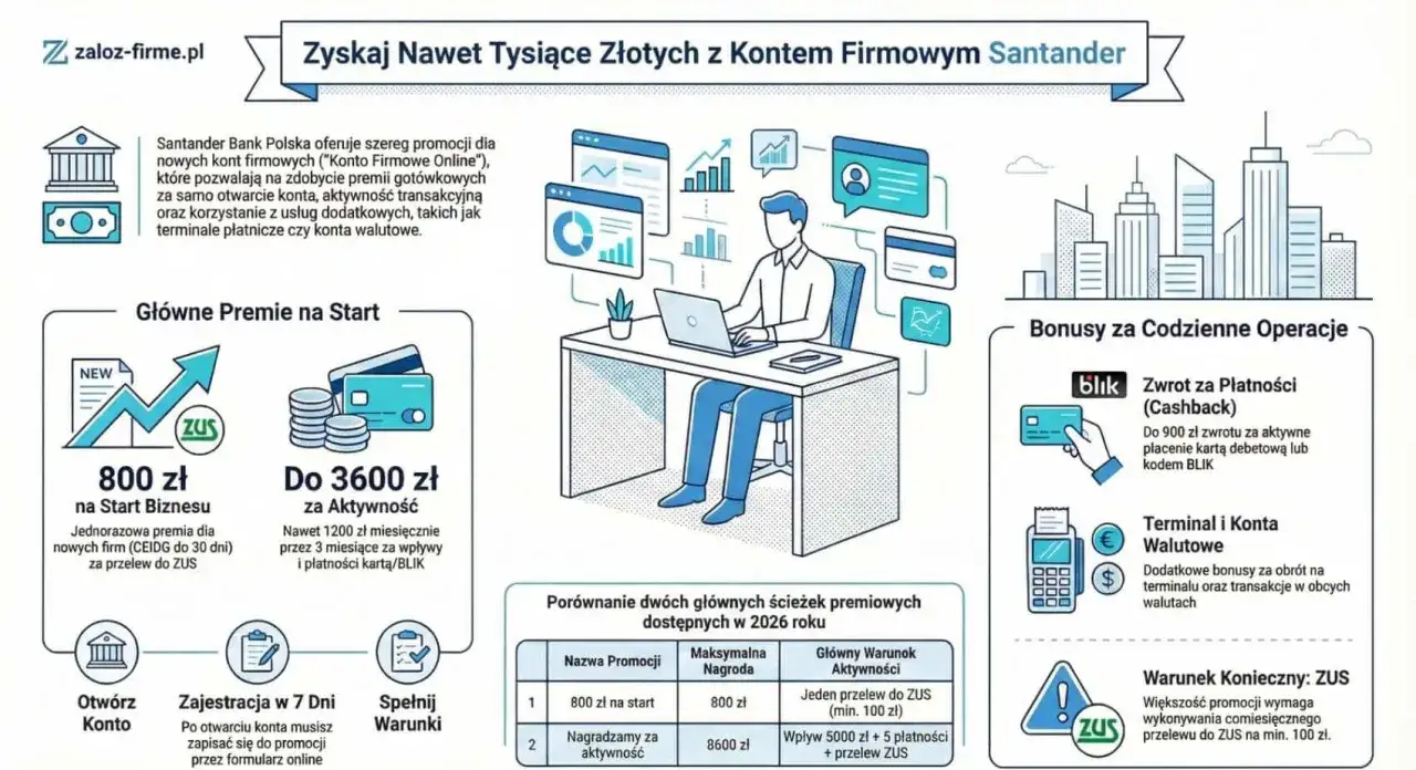 Promocja Santander: premia 800 zł za otwarcie konta firmowego i przelew do ZUS, do 3600 zł za aktywność. Konto debetowe z bonusem BLIK.