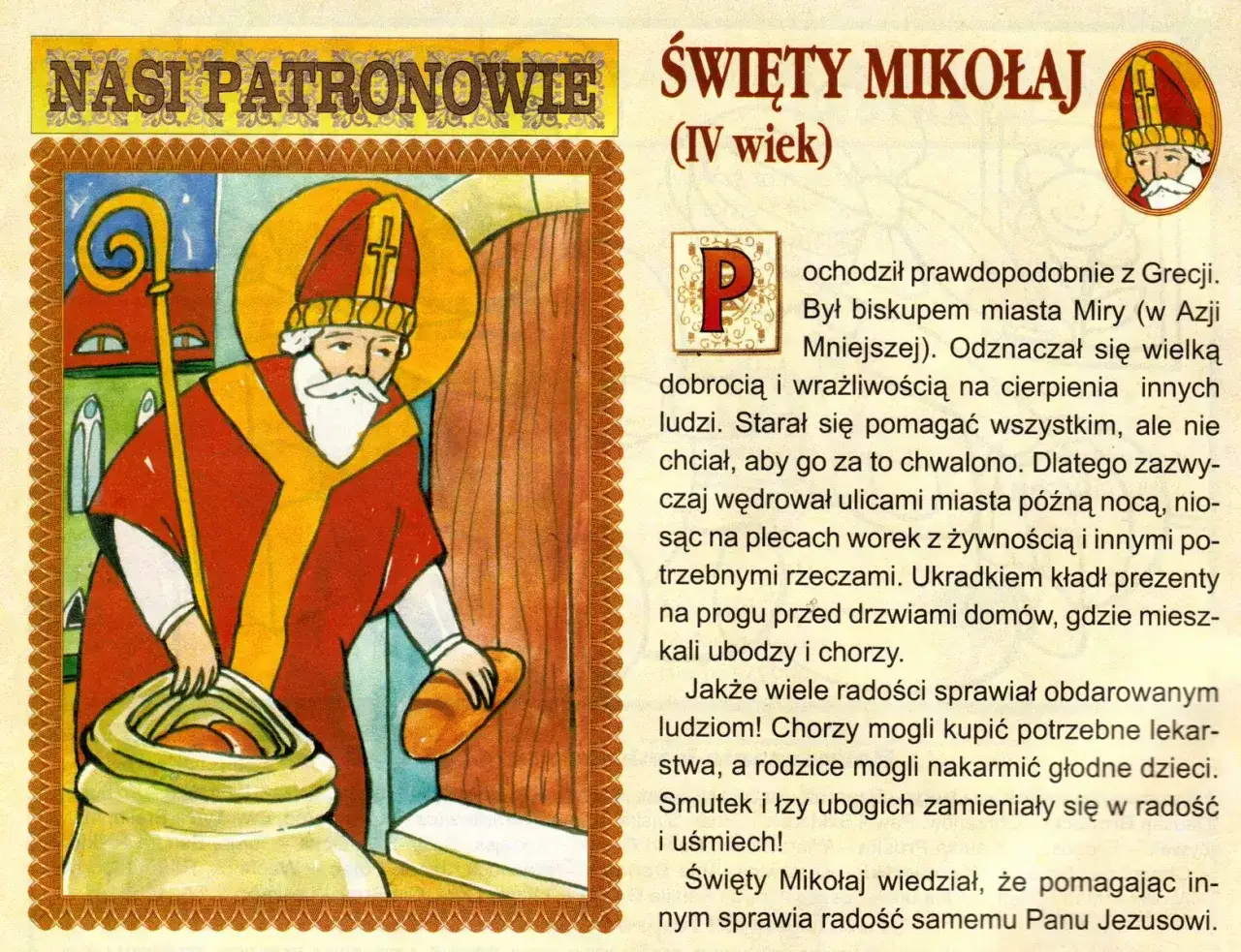 Ilustracja z baśni o św. Mikołaju: biskup z laską i workiem pełnym chleba, który obdarowuje potrzebujących.