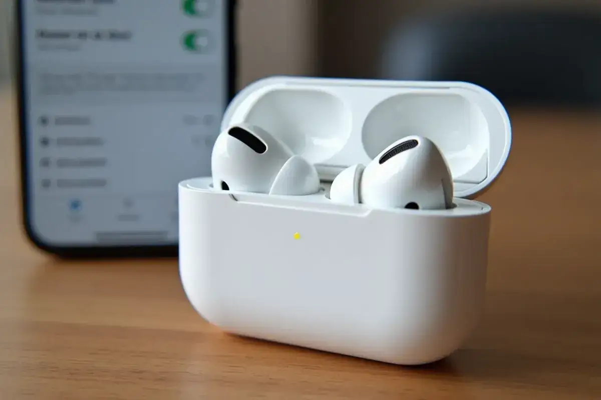 Białe słuchawki AirPods Pro w etui, obok wygaszonego ekranu telefonu.