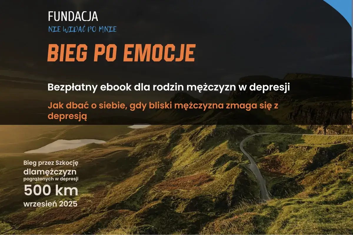 Krajobraz górski z napisem "Bieg po emocje" i informacją o ebooku dla rodzin mężczyzn w depresji.