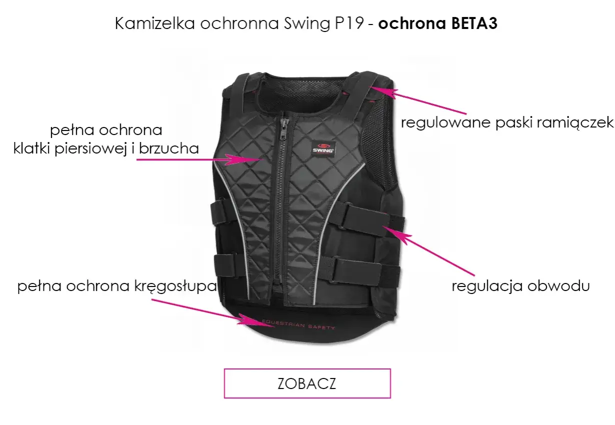 Czarna kamizelka do jazdy konnej dla dzieci, z pełną ochroną klatki piersiowej, brzucha i kręgosłupa. Regulowane paski i obwód.