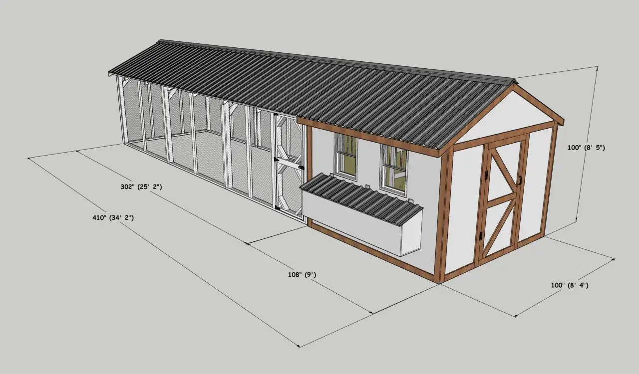 Projekt kurnika na 30 kur: przestronny wybieg z siatki i zadaszony domek z oknami i drzwiami. Wymiary: 25' x 8'4" x 8'5".