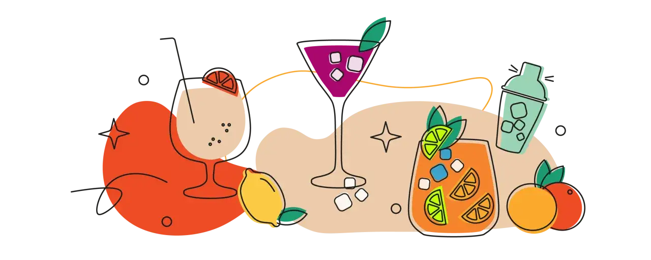 Kolorowe drinki z Cointreau, cytryny, pomarańcze i shaker do koktajli.