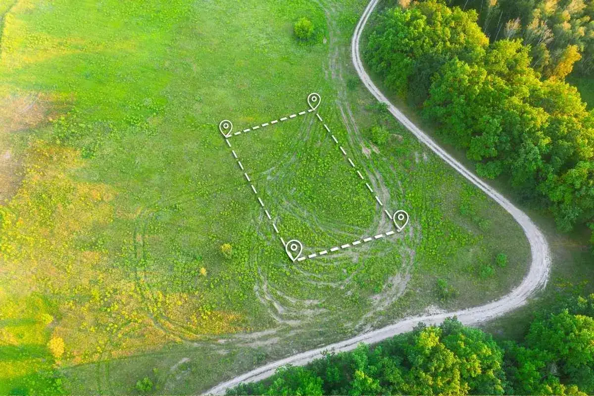 Działka rolna z zaznaczonymi granicami pod przyszłą budowę. Wokół zieleń i droga.
