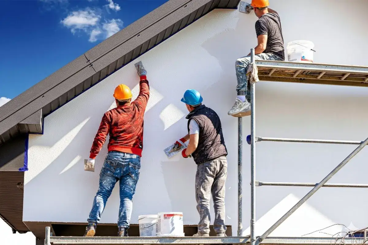 Trzech budowlańców w kaskach tynkuje białą ścianę domu na rusztowaniu.