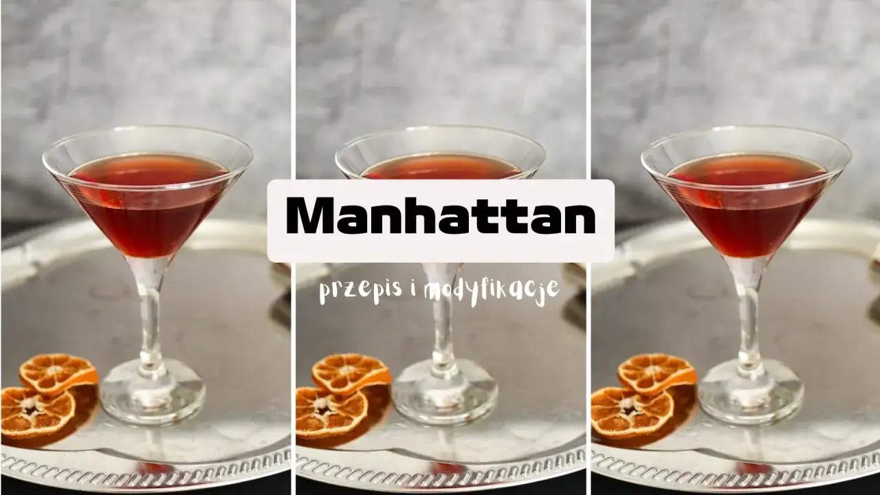 Manhattan na słodkim czy na wytrawnym wermucie? Trzy kieliszki z bursztynowym drinkiem i suszone pomarańcze na srebrnej tacy.
