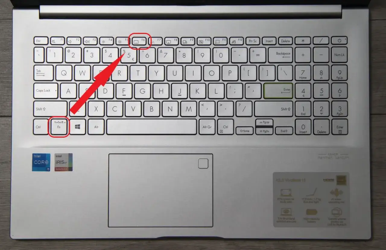 Klawiatura laptopa z zaznaczonymi klawiszami Fn+Esc i F6.