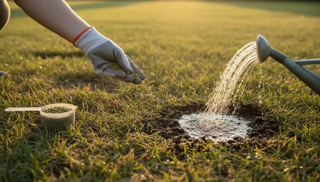 Ręka w rękawiczce rozsypuje granulki na trawniku, a konewka podlewa ziemię. To sposób, jak obniżyć pH trawnika.