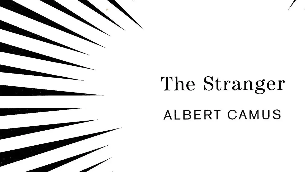 Abstrakte schwarze Linien auf weißem Hintergrund mit dem Titel "The Stranger" und "ALBERT CAMUS".