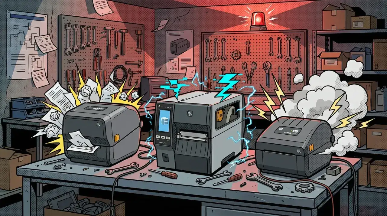 Trzy drukarki na stole warsztatowym, jedna z zaciętym papierem, druga z błyskawicami, trzecia dymi.